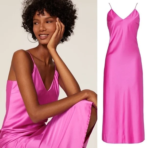 O.P.T. 90s Y2K Barbie Hot Pink‎ Satin V-Neck Sleeveless Midi Slip Dress Size M - Picture 5 of 13